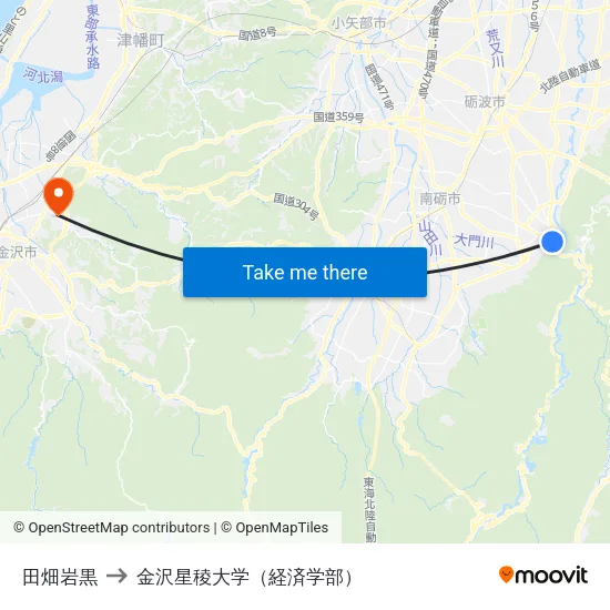 田畑岩黒 to 金沢星稜大学（経済学部） map