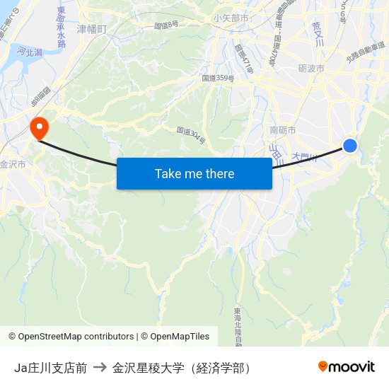 Ja庄川支店前 to 金沢星稜大学（経済学部） map