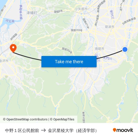 中野１区公民館前 to 金沢星稜大学（経済学部） map
