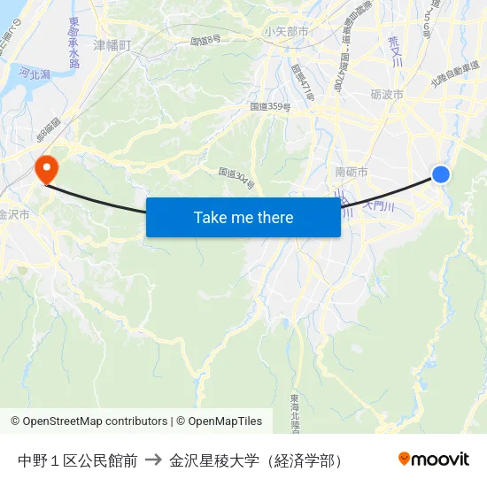 中野１区公民館前 to 金沢星稜大学（経済学部） map