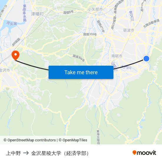 上中野 to 金沢星稜大学（経済学部） map