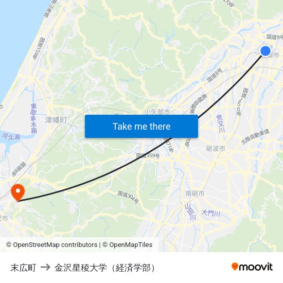 末広町 to 金沢星稜大学（経済学部） map