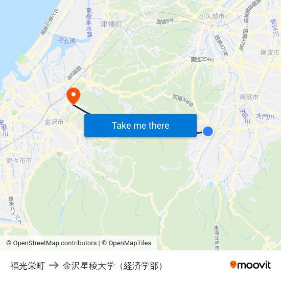 福光栄町 to 金沢星稜大学（経済学部） map