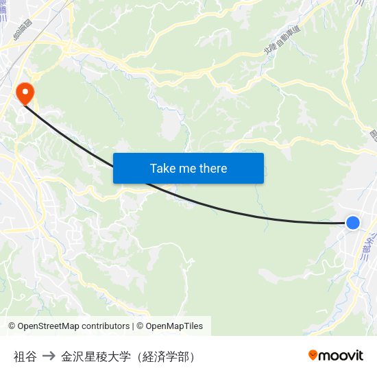 祖谷 to 金沢星稜大学（経済学部） map