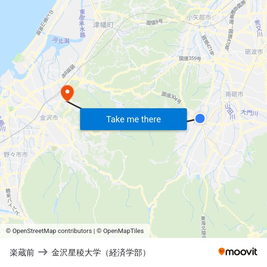 楽蔵前 to 金沢星稜大学（経済学部） map