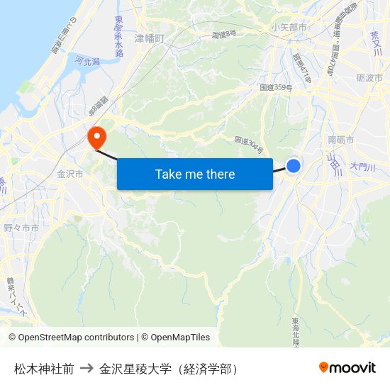 松木神社前 to 金沢星稜大学（経済学部） map