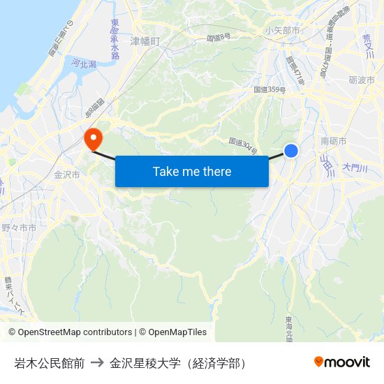 岩木公民館前 to 金沢星稜大学（経済学部） map
