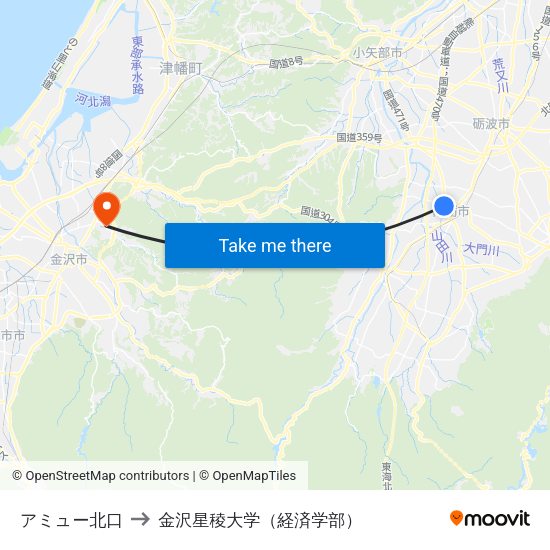 アミュー北口 to 金沢星稜大学（経済学部） map
