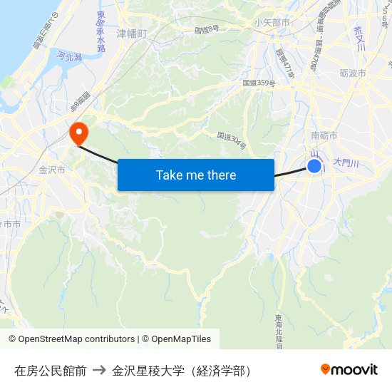 在房公民館前 to 金沢星稜大学（経済学部） map