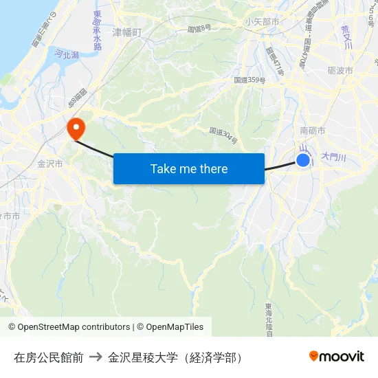 在房公民館前 to 金沢星稜大学（経済学部） map