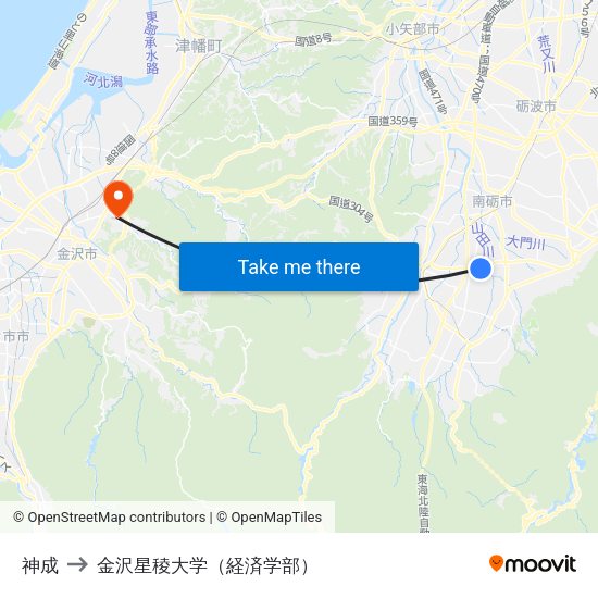 神成 to 金沢星稜大学（経済学部） map