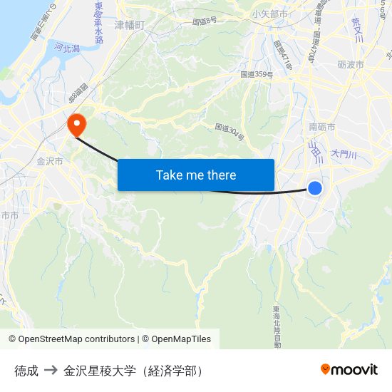 徳成 to 金沢星稜大学（経済学部） map