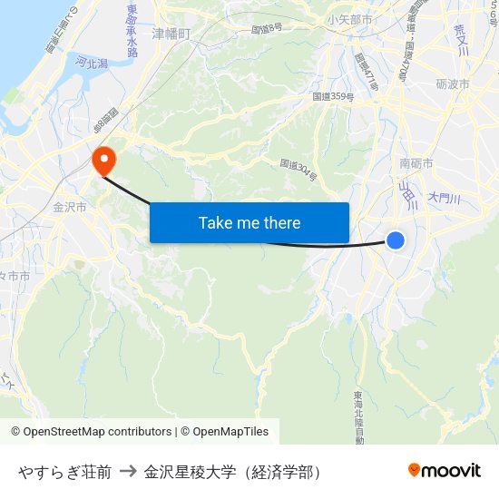やすらぎ荘前 to 金沢星稜大学（経済学部） map