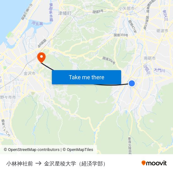 小林神社前 to 金沢星稜大学（経済学部） map