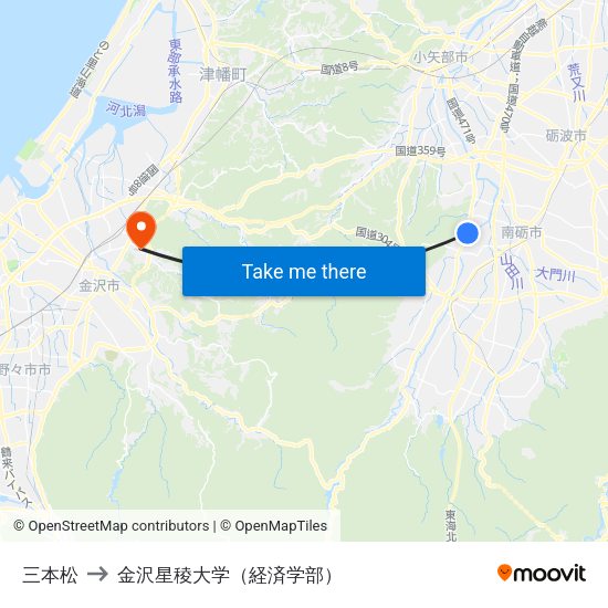 三本松 to 金沢星稜大学（経済学部） map