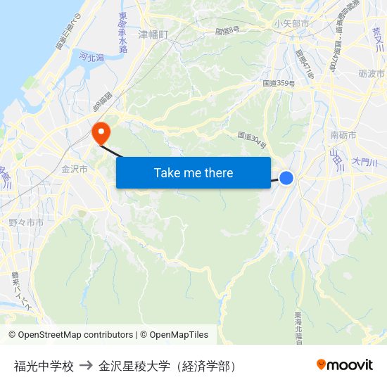 福光中学校 to 金沢星稜大学（経済学部） map