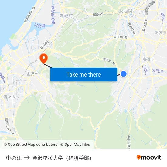 中の江 to 金沢星稜大学（経済学部） map