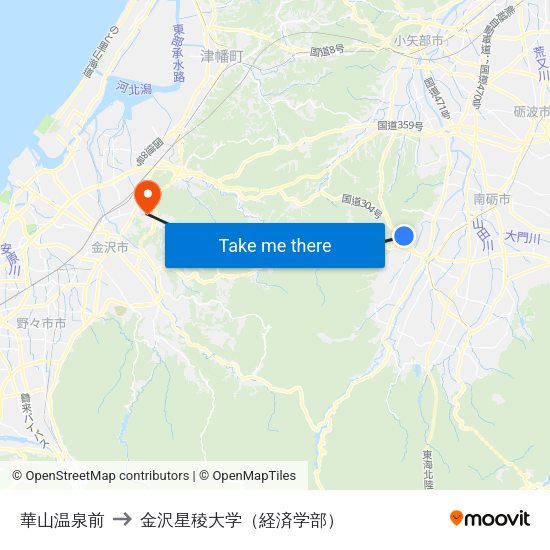 華山温泉前 to 金沢星稜大学（経済学部） map