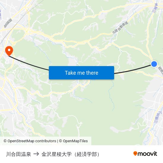 川合田温泉 to 金沢星稜大学（経済学部） map
