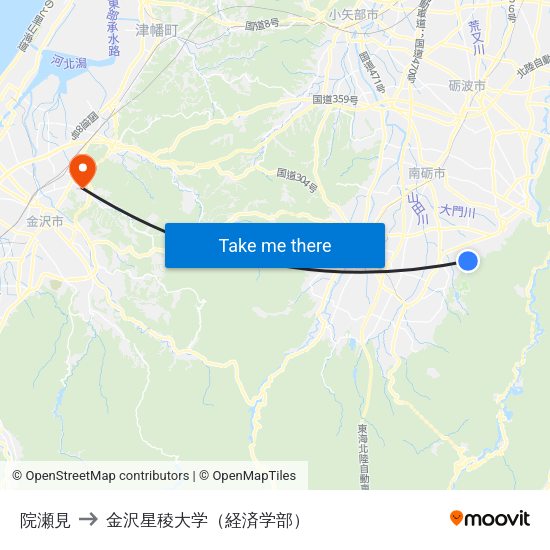 院瀬見 to 金沢星稜大学（経済学部） map