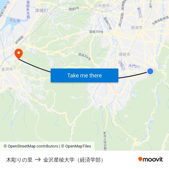 木彫りの里 to 金沢星稜大学（経済学部） map