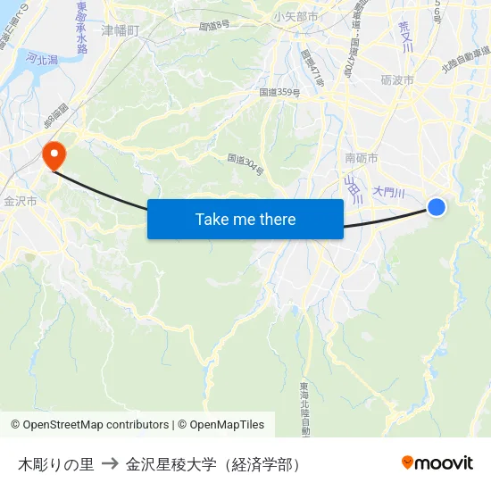木彫りの里 to 金沢星稜大学（経済学部） map
