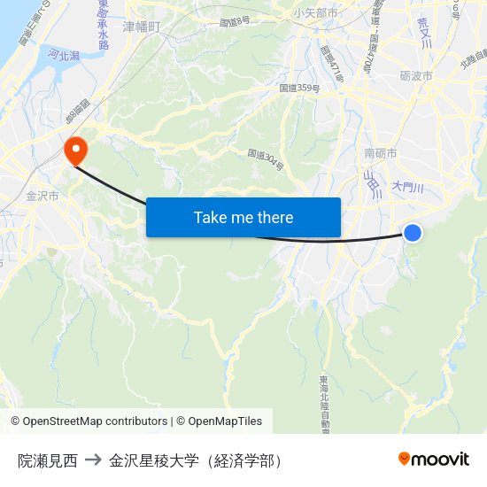 院瀬見西 to 金沢星稜大学（経済学部） map