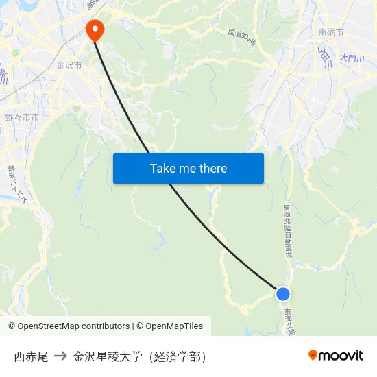 西赤尾 to 金沢星稜大学（経済学部） map