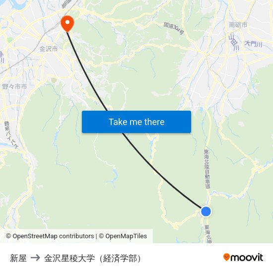新屋 to 金沢星稜大学（経済学部） map