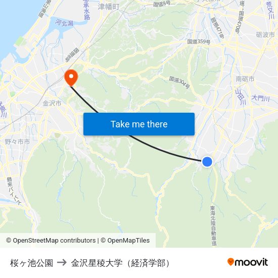 桜ヶ池公園 to 金沢星稜大学（経済学部） map