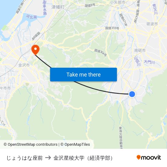 じょうはな座前 to 金沢星稜大学（経済学部） map
