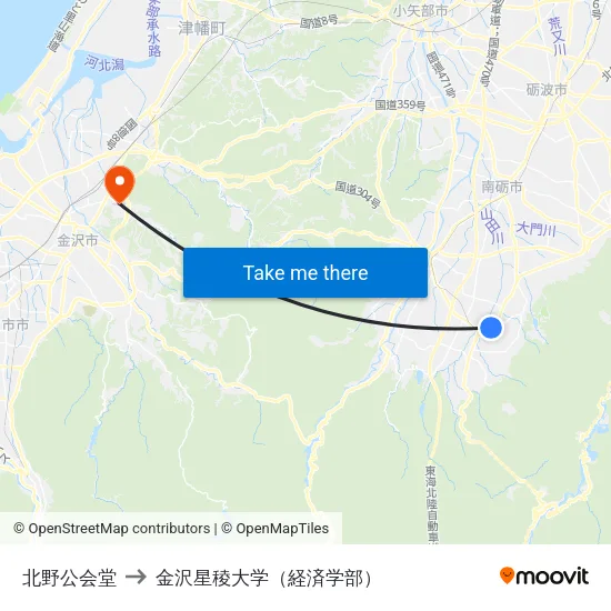 北野公会堂 to 金沢星稜大学（経済学部） map