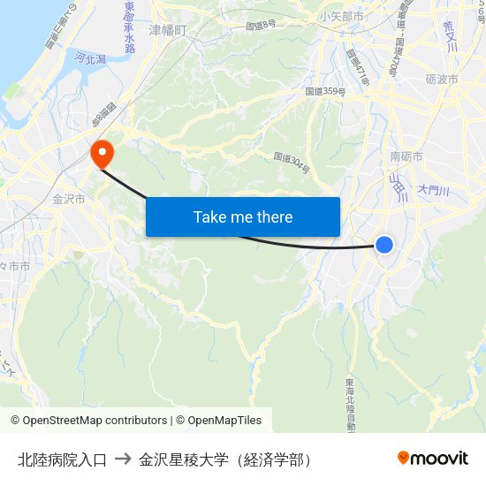 北陸病院入口 to 金沢星稜大学（経済学部） map