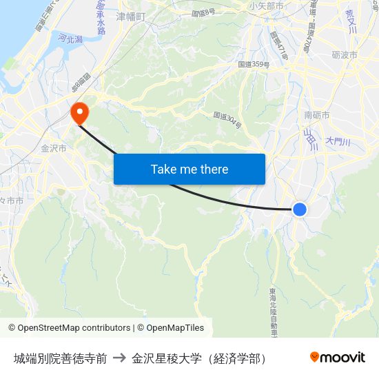 城端別院善徳寺前 to 金沢星稜大学（経済学部） map