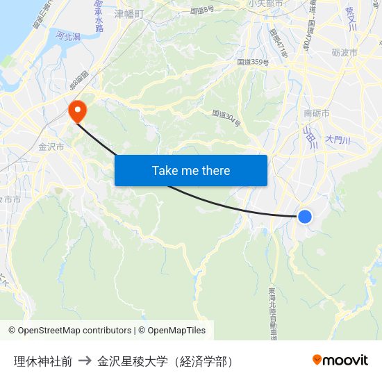 理休神社前 to 金沢星稜大学（経済学部） map