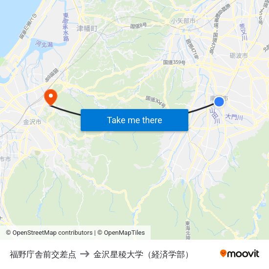 福野庁舎前交差点 to 金沢星稜大学（経済学部） map