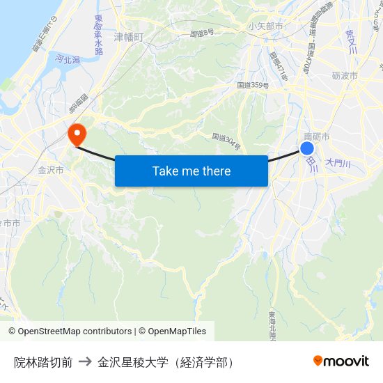 院林踏切前 to 金沢星稜大学（経済学部） map