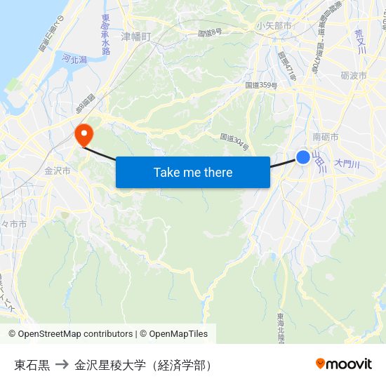 東石黒 to 金沢星稜大学（経済学部） map