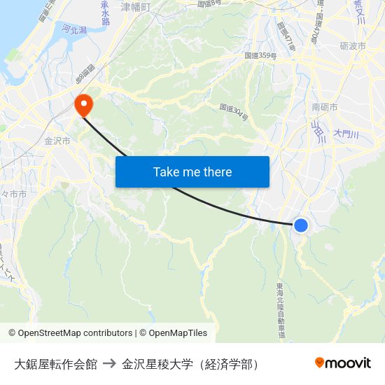 大鋸屋転作会館 to 金沢星稜大学（経済学部） map