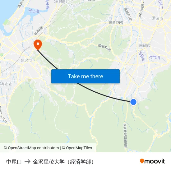 中尾口 to 金沢星稜大学（経済学部） map