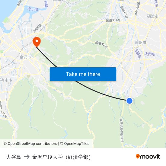 大谷島 to 金沢星稜大学（経済学部） map