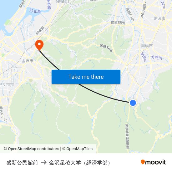 盛新公民館前 to 金沢星稜大学（経済学部） map