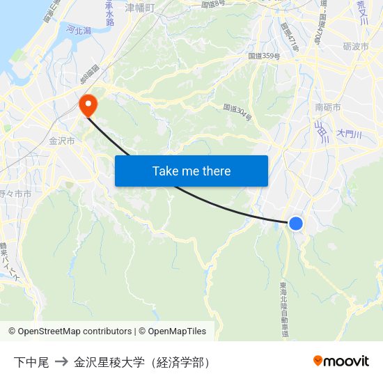 下中尾 to 金沢星稜大学（経済学部） map