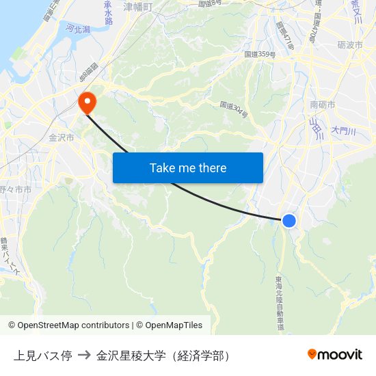 上見バス停 to 金沢星稜大学（経済学部） map