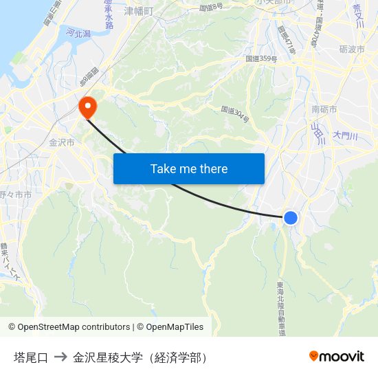 塔尾口 to 金沢星稜大学（経済学部） map
