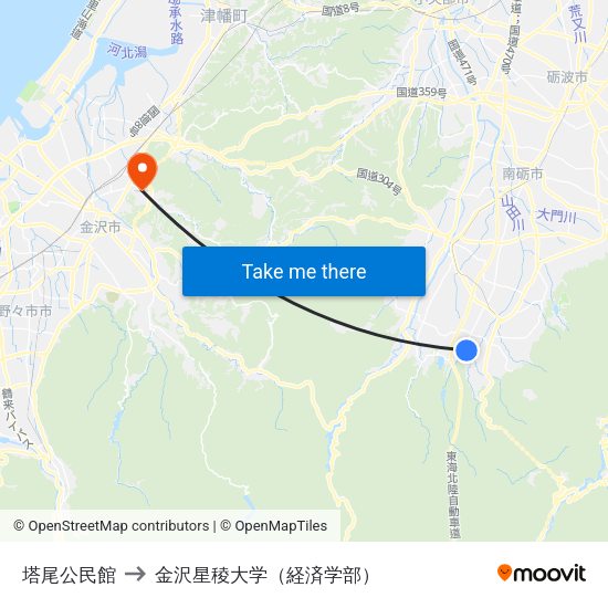 塔尾公民館 to 金沢星稜大学（経済学部） map