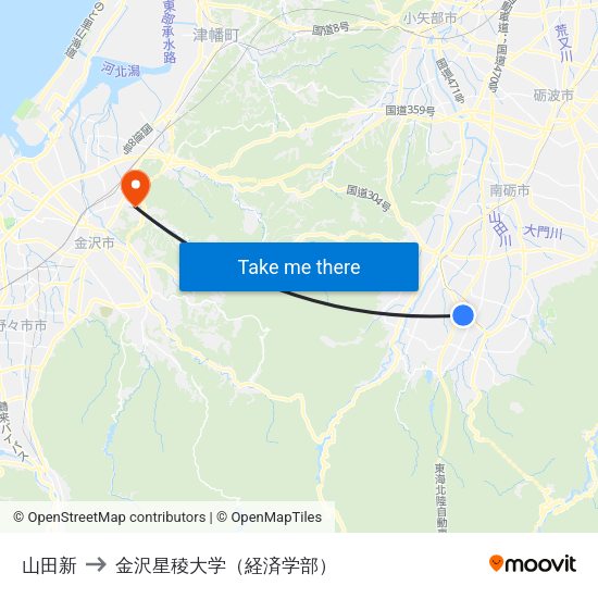 山田新 to 金沢星稜大学（経済学部） map