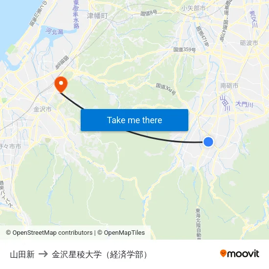 山田新 to 金沢星稜大学（経済学部） map