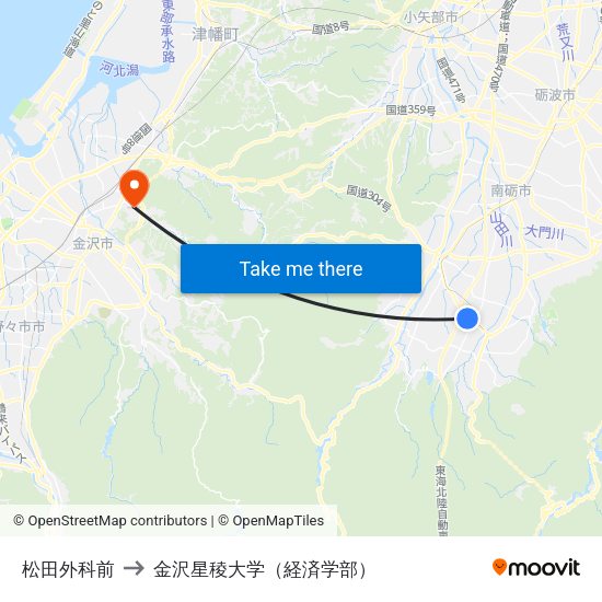 松田外科前 to 金沢星稜大学（経済学部） map
