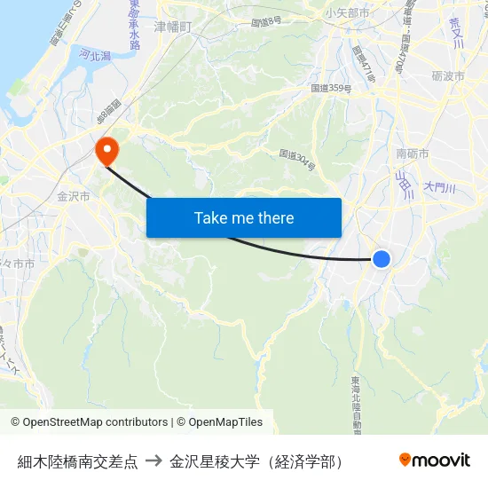 細木陸橋南交差点 to 金沢星稜大学（経済学部） map